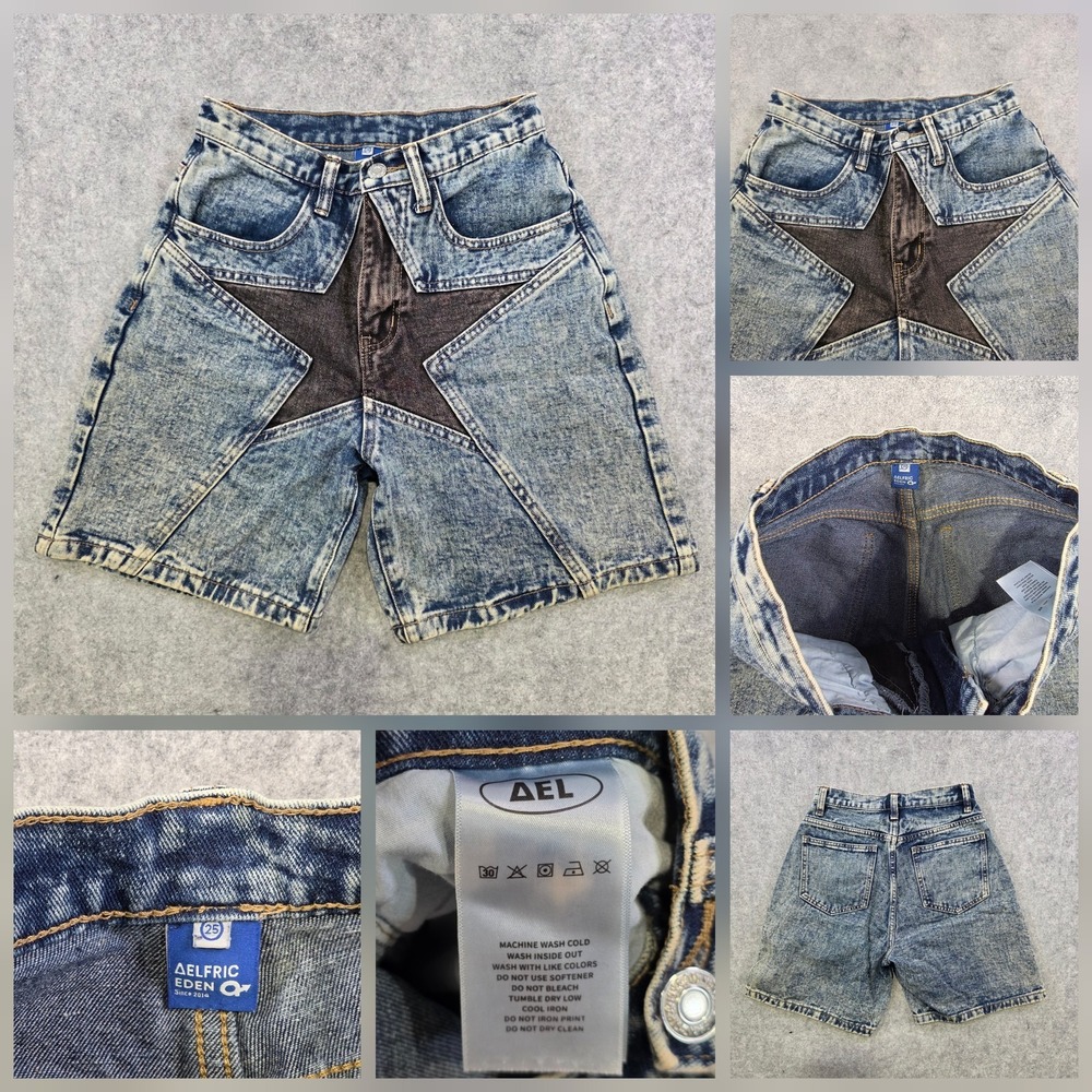 Aelfric Eden Shorts Womens 25 Blue Star Patch Denim Jean Acid Wash Bermuda